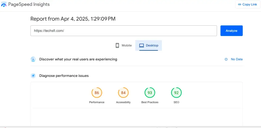 Google page speed insight report of techsfi website